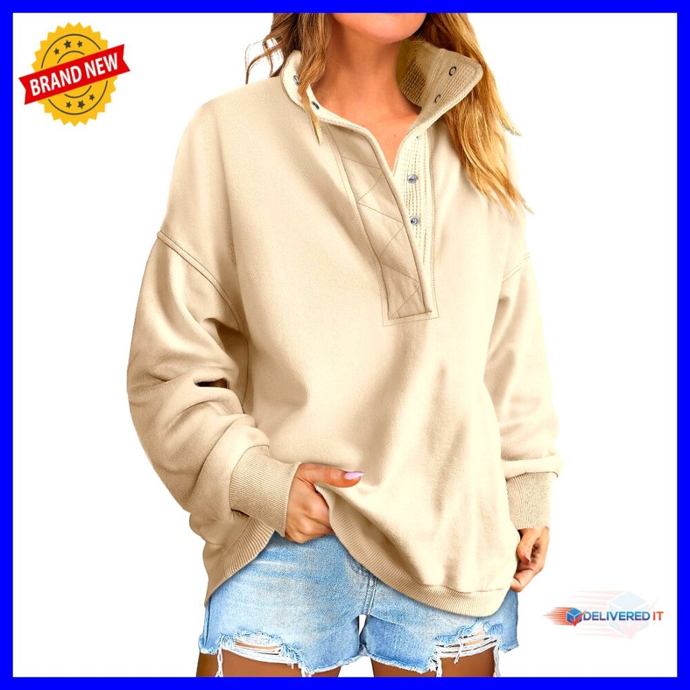 Oversized Henley Pullover Sweatshirt Loose Fit Button Collar Casual Chic Top